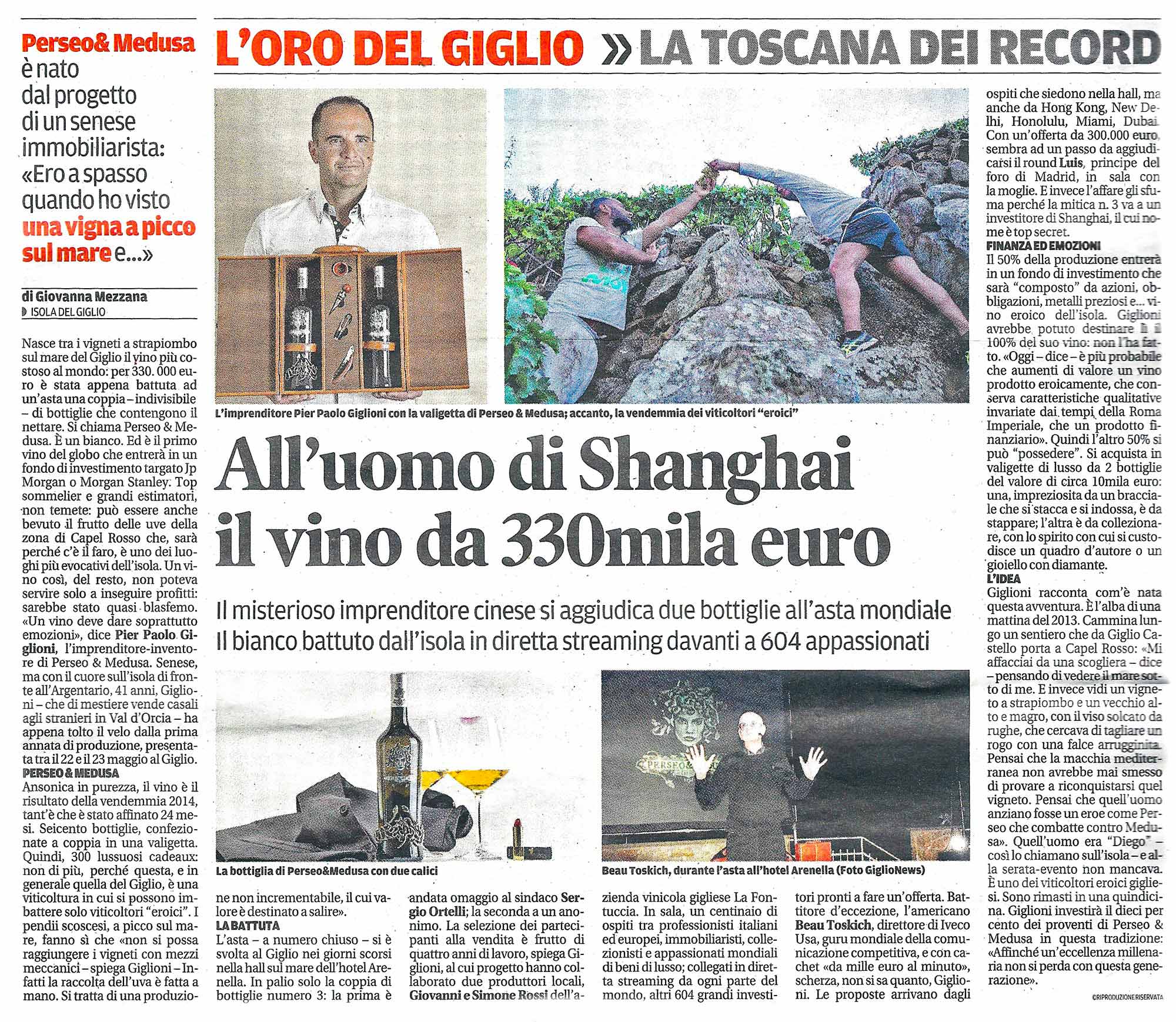 Il Tirreno - Perseo&Medusa, il vino da 330 mila euro